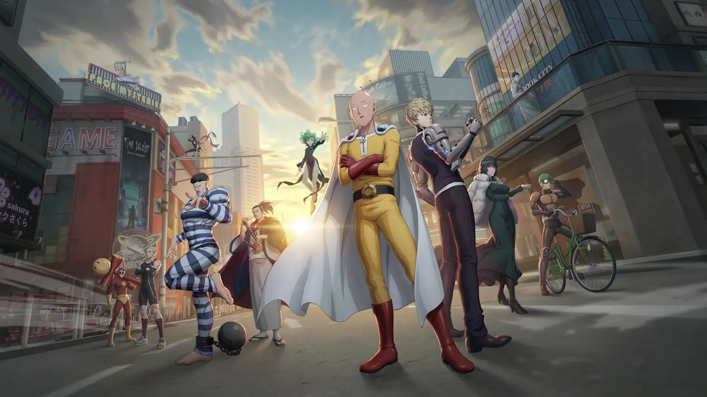 Saitama, Genos, and the heroes together on the streets of One Punch Man World