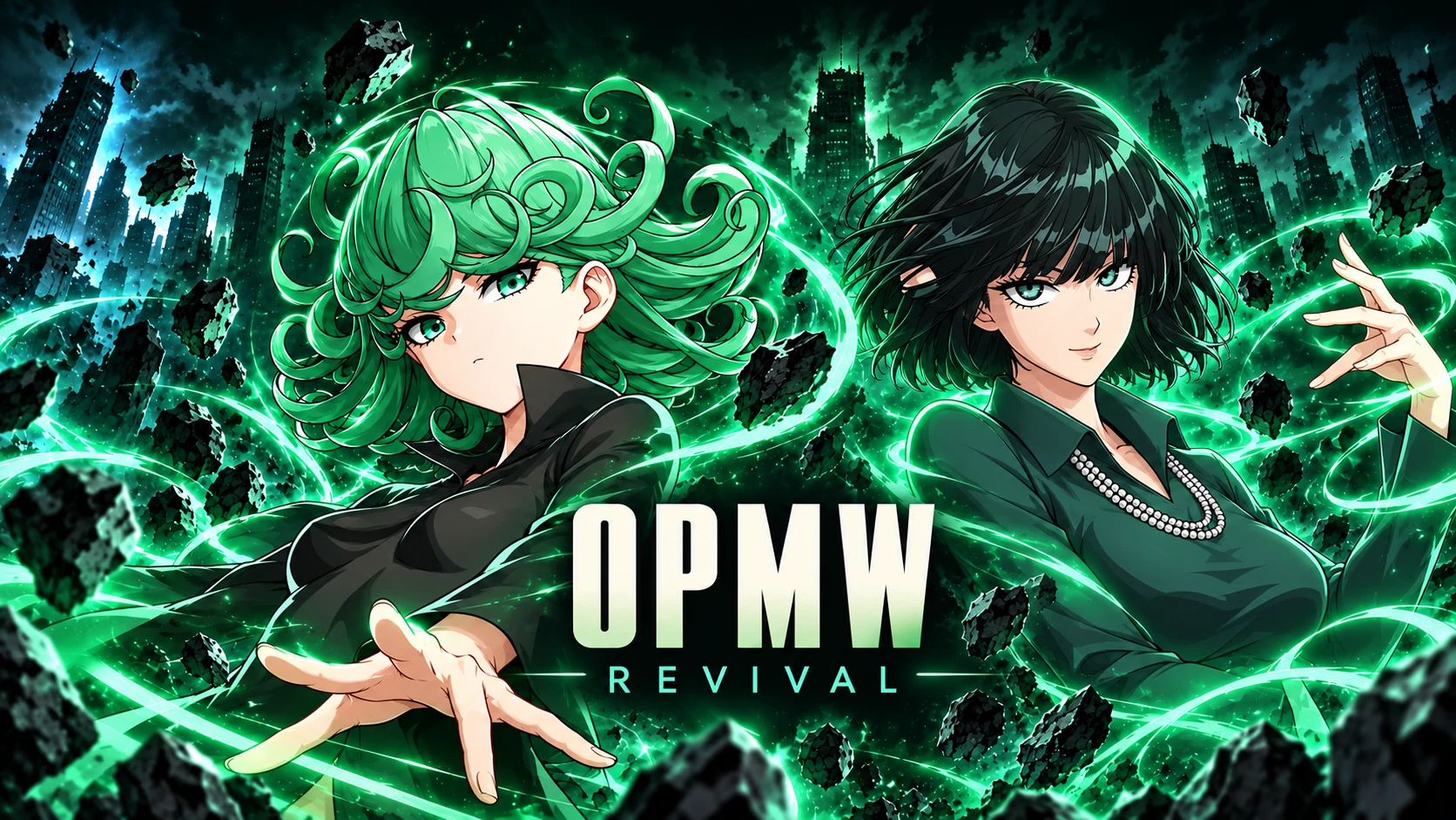 Tatsumaki and Fubuki surrounded by green psychic energy in the OPMW Revival community artwork